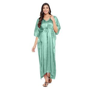 Womens Casual Solid Satin Kaftan Nighty Drawstring Long Maxi Night Dress Ladies